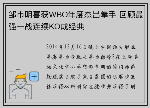 邹市明喜获WBO年度杰出拳手 回顾最强一战连续KO成经典