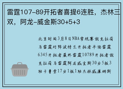 雷霆107-89开拓者喜提6连胜，杰林三双，阿龙-威金斯30+5+3